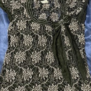 Marks & Spencer Gorgeous black net top with pearls outline & bow